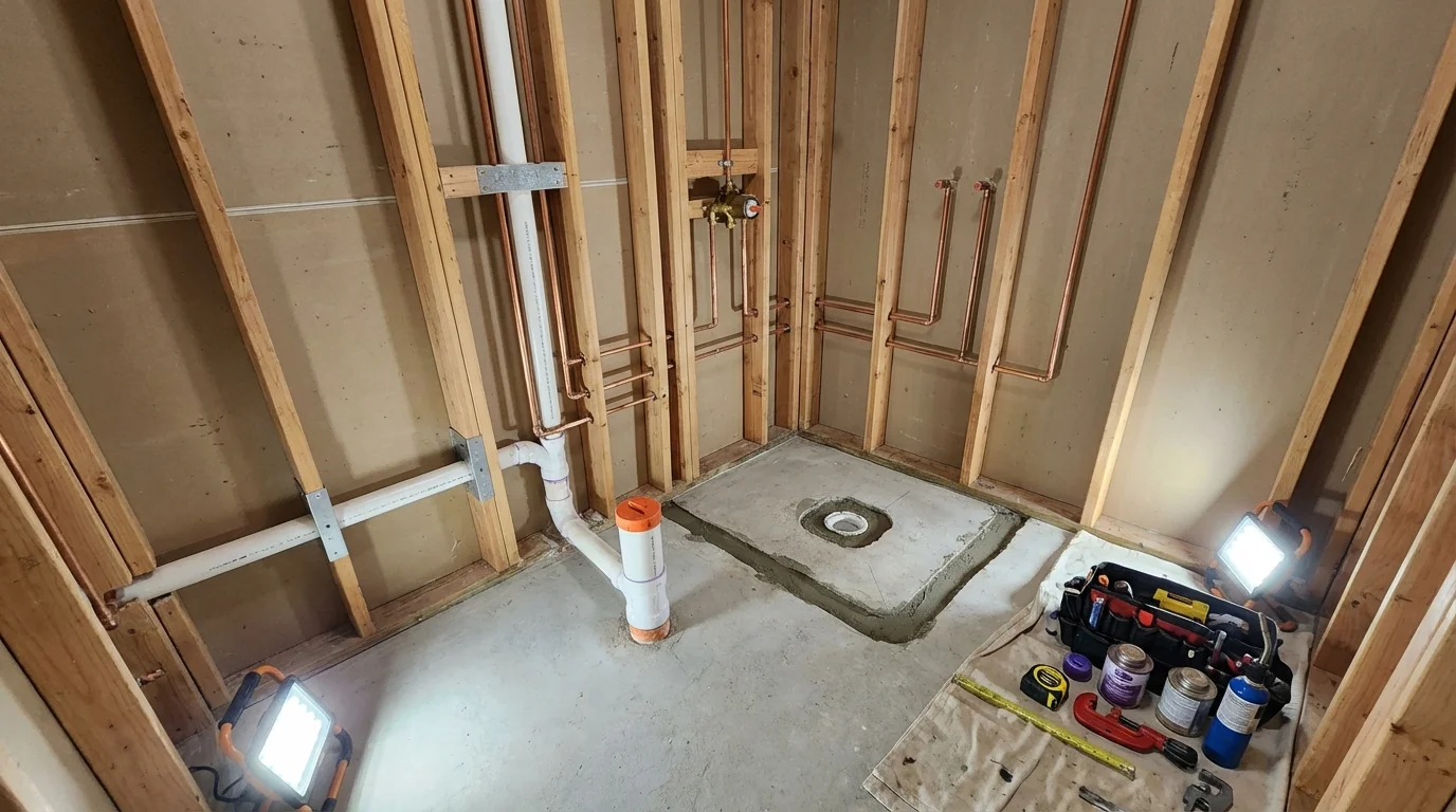 Bathroom rough-in plumbing during remodel by Johns Plumbing LLC in Brewster