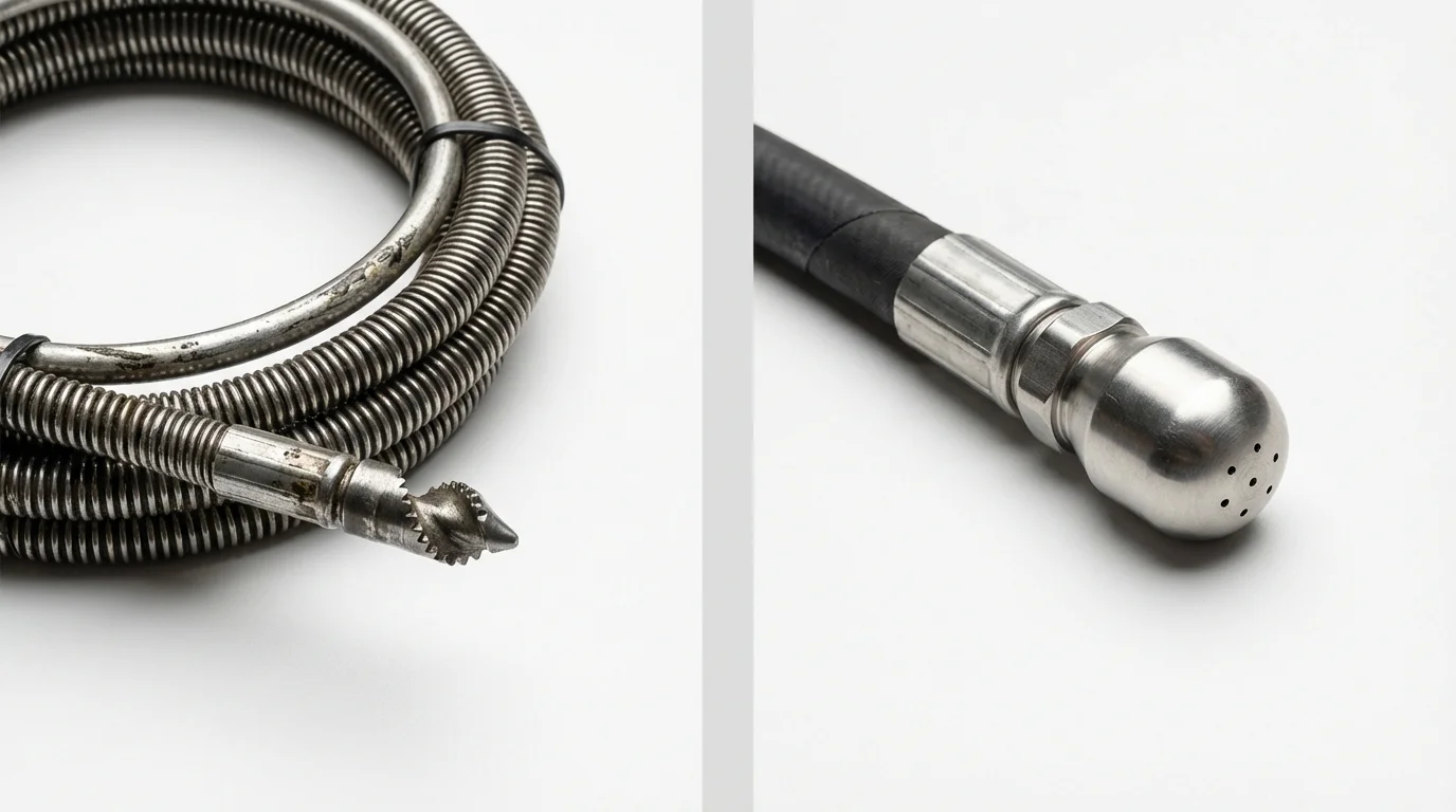 Drain snake cable and hydro jetting nozzle used for drain cleaning in Brewster, MA