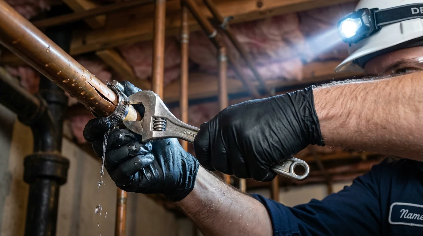 Emergency pipe clamp repair being performed by a Johns Plumbing LLC plumber in Brewster