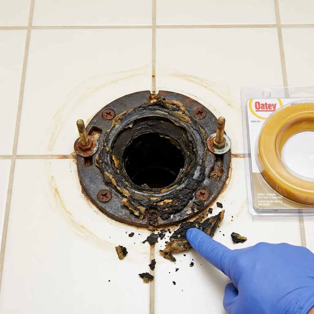 Failed wax ring showing water seepage at the base of a toilet in a Brewster, MA home