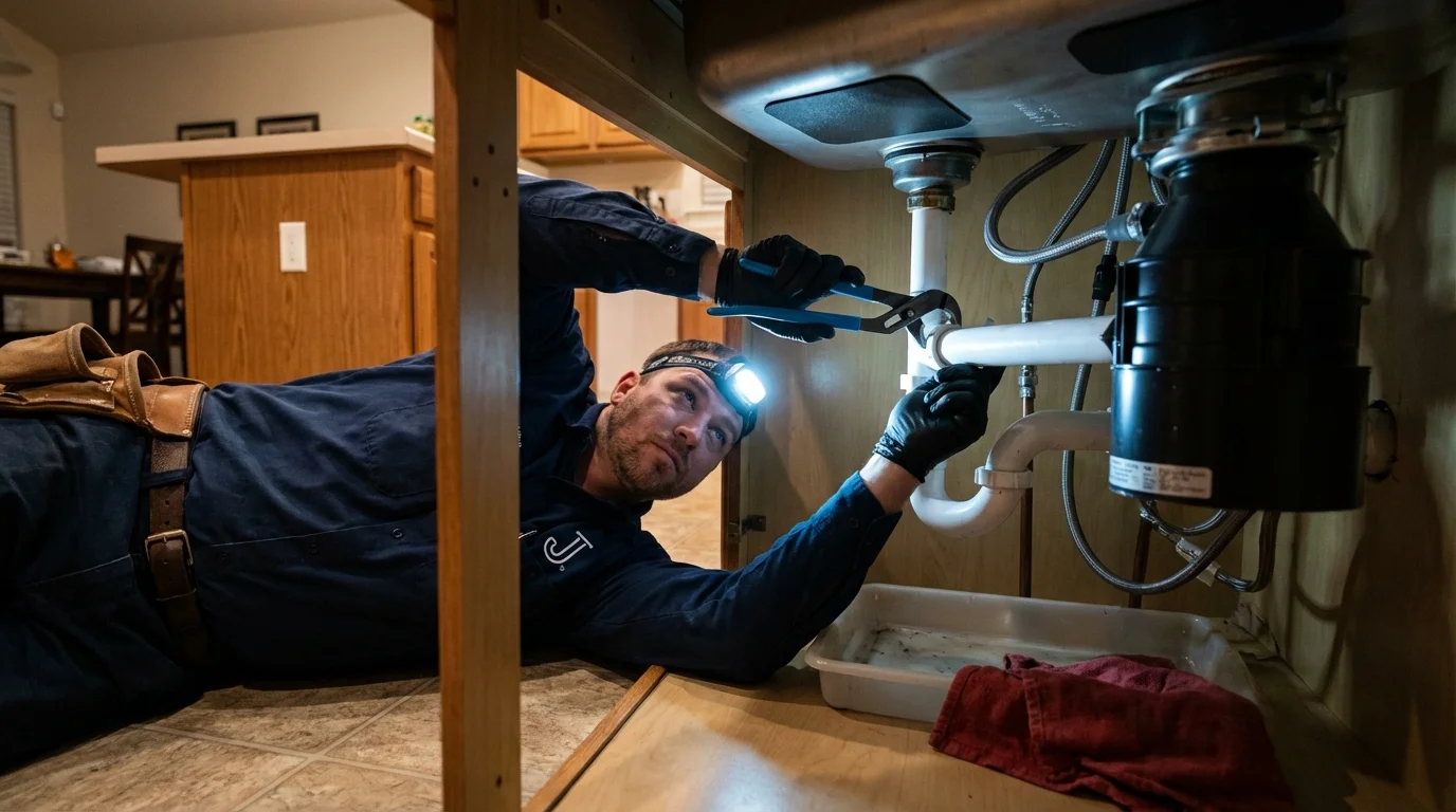 P-trap and supply line connections under a kitchen sink showing a common leak point in Brewster, MA